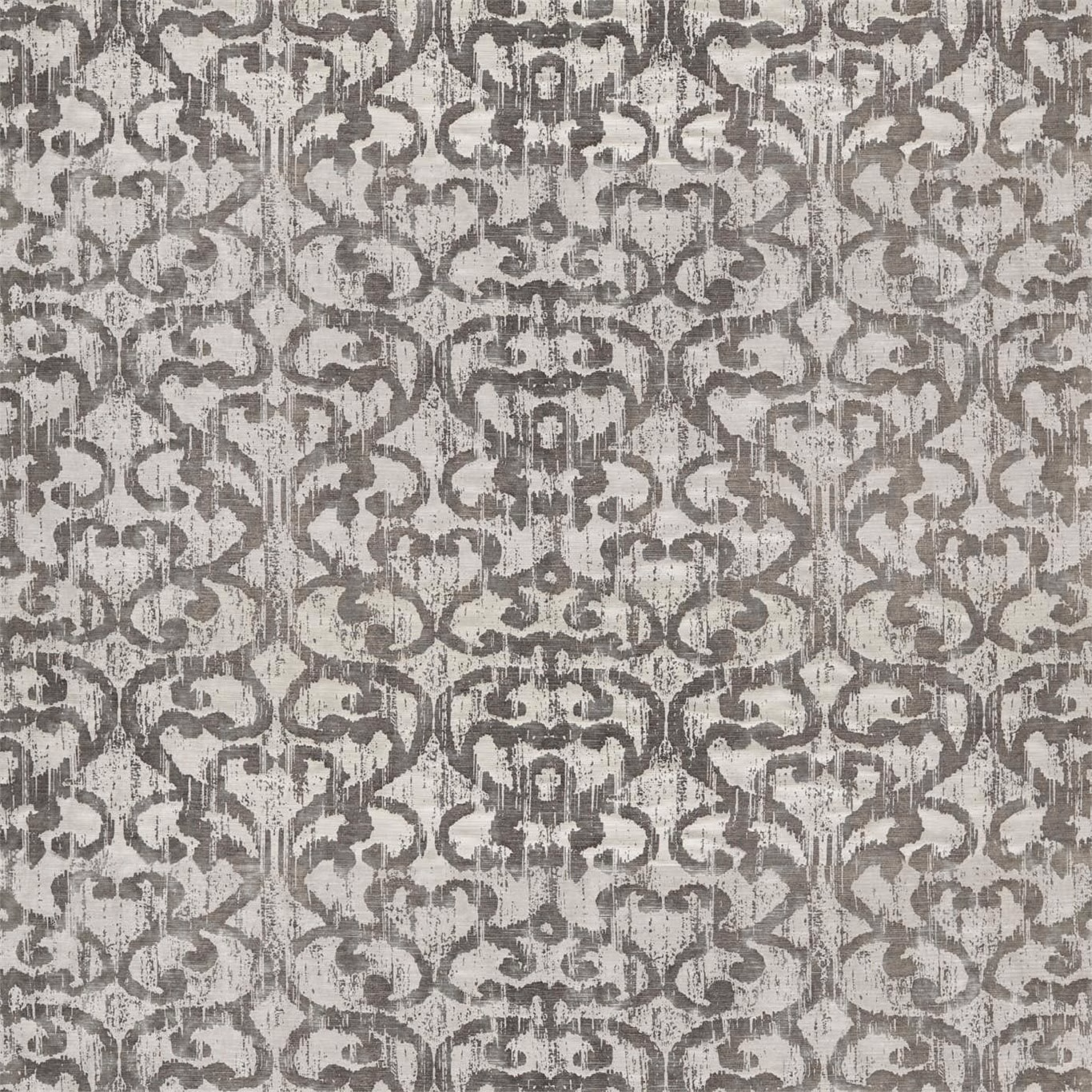 Stone and steel grey damask upholstery weave with distressed scroll motifs and fine vertical texture