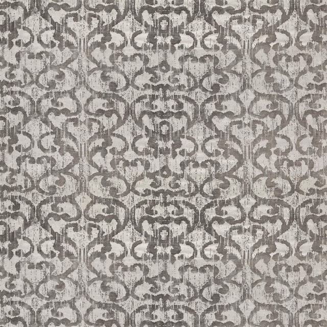Stone and steel grey damask upholstery weave with distressed scroll motifs and fine vertical texture