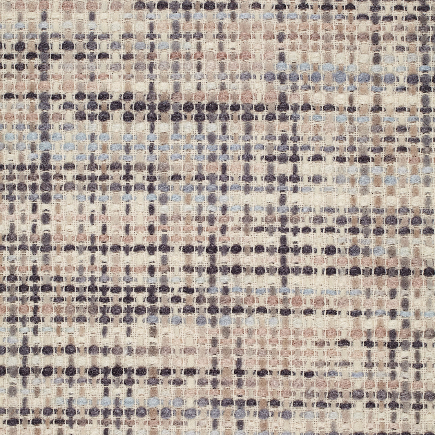 Muted cream woven grid with taupe, charcoal, pale blue and blush flecks