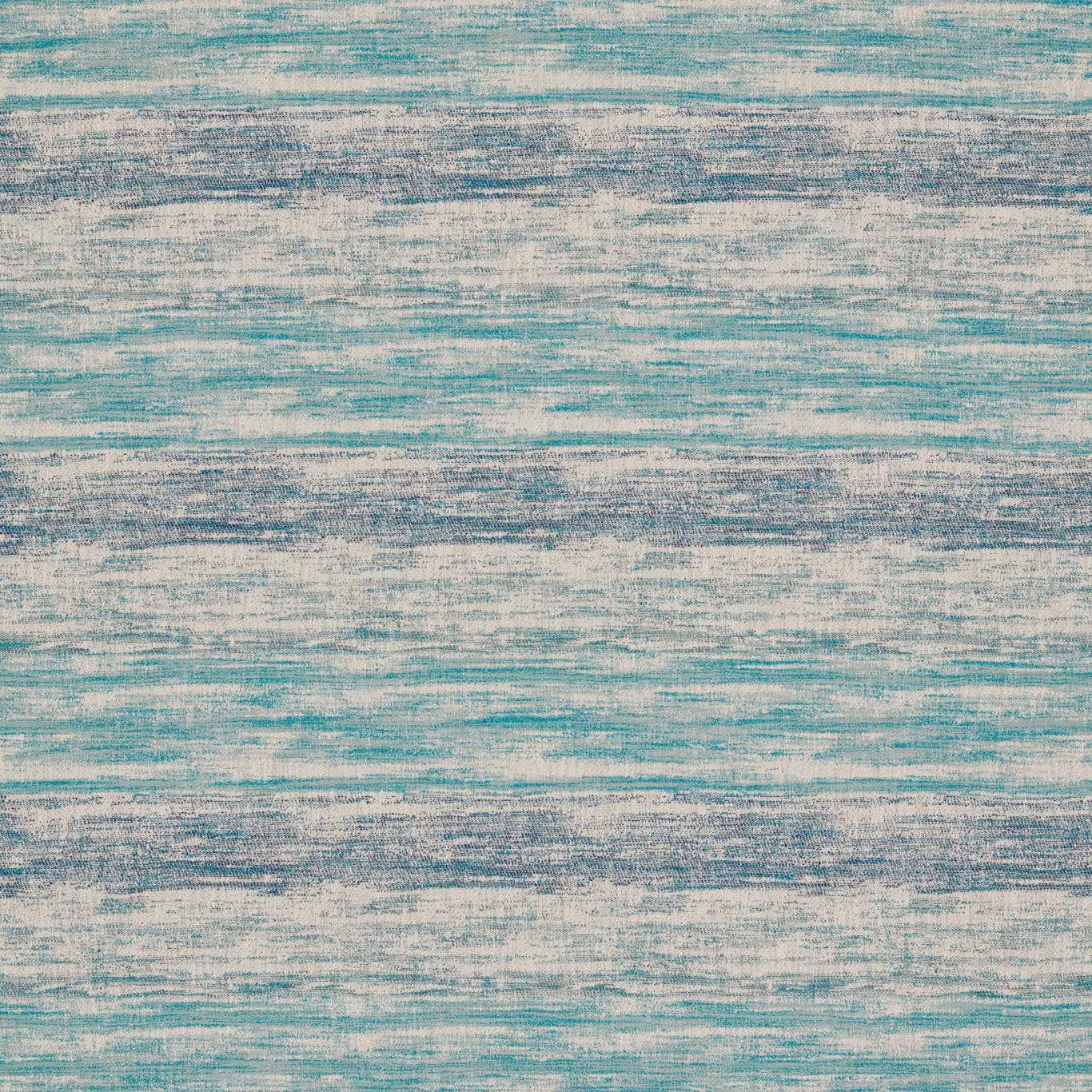 Close-up of aqua teal, cream and grey horizontal striated woven upholstery fabric