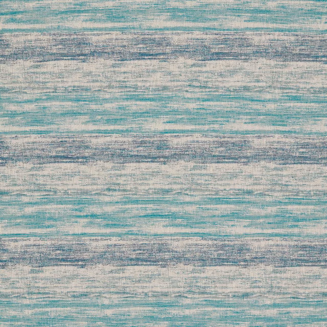 Close-up of aqua teal, cream and grey horizontal striated woven upholstery fabric