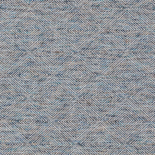 Cool denim-blue woven fabric with fine chevron checks and pale grey flecks