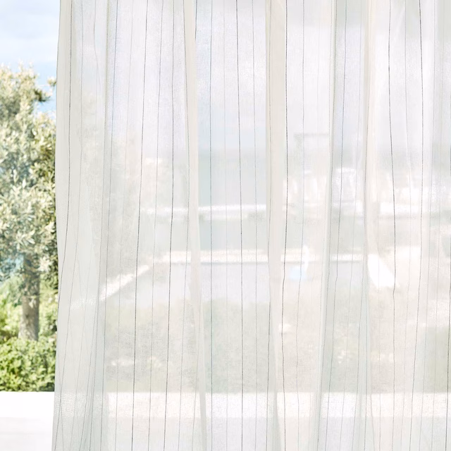 Cool chalk-white sheer curtain with fine mist-grey vertical lines and soft transparency