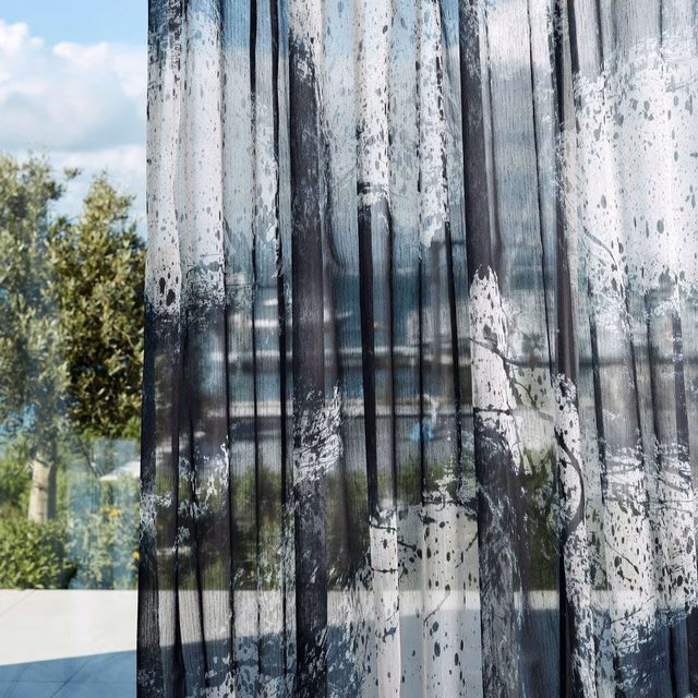 Cool ink-black sheer with charcoal striations and pale abstract painterly marks