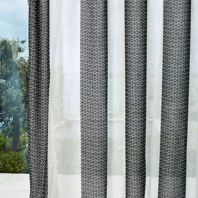 Chalk sheer curtain with black-earth geometric bands and translucent open texture