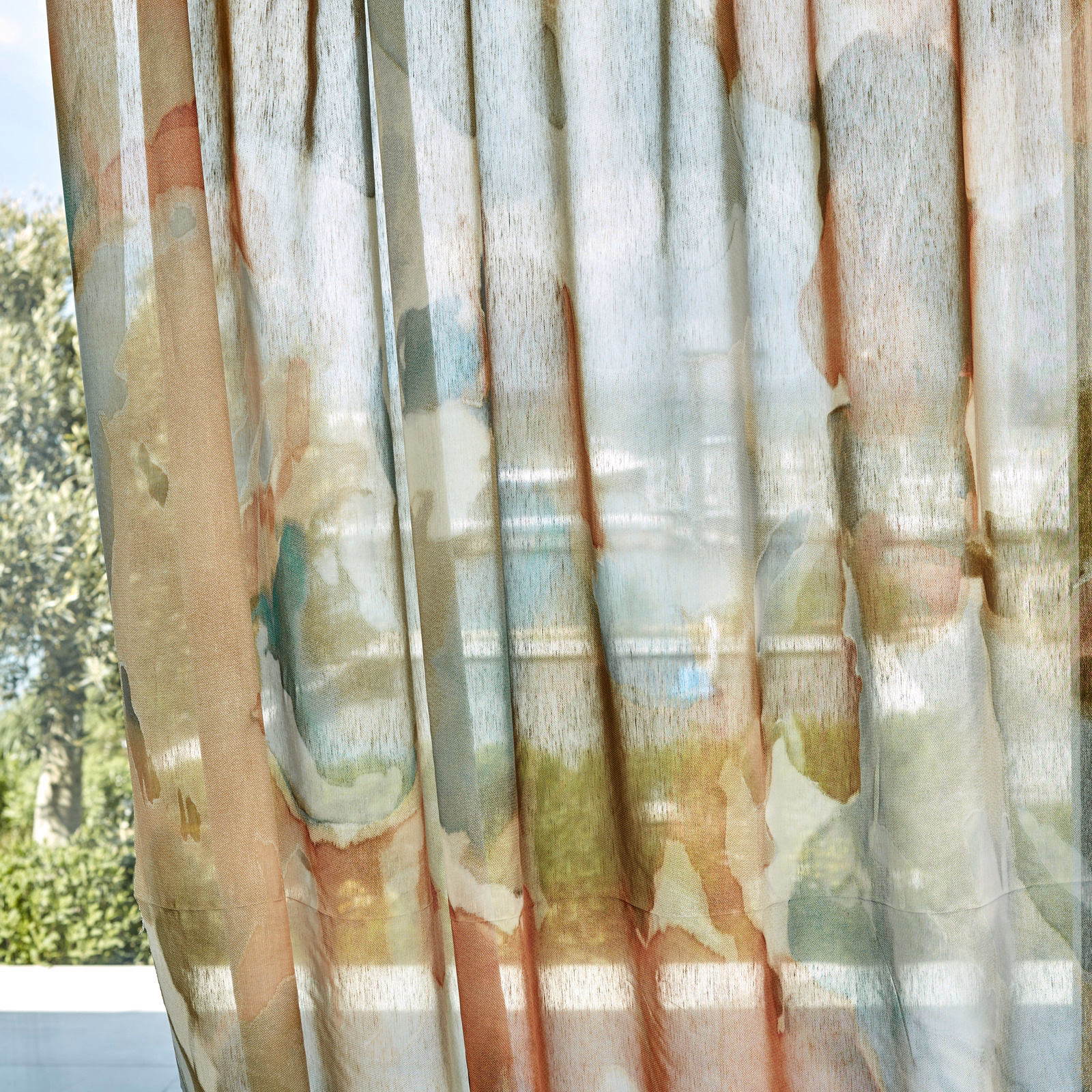 Translucent terracotta sheer with painterly blue-green, sage and cream vertical washes