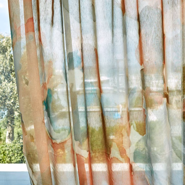 Translucent terracotta sheer with painterly blue-green, sage and cream vertical washes