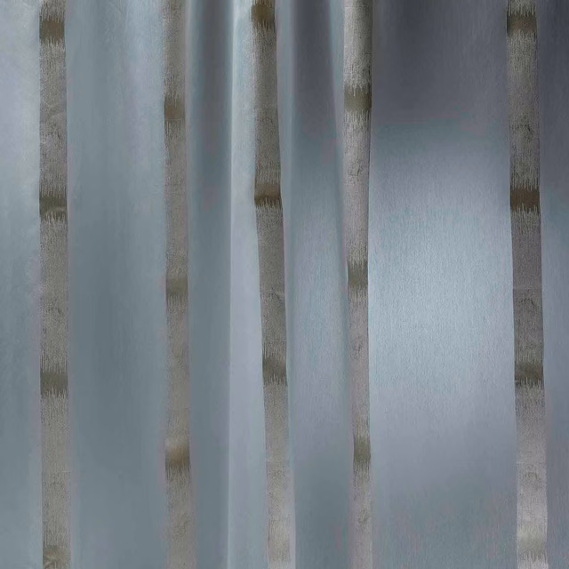 Pale chalk blue-grey sheer with irregular taupe vertical bands and fine translucent weave
