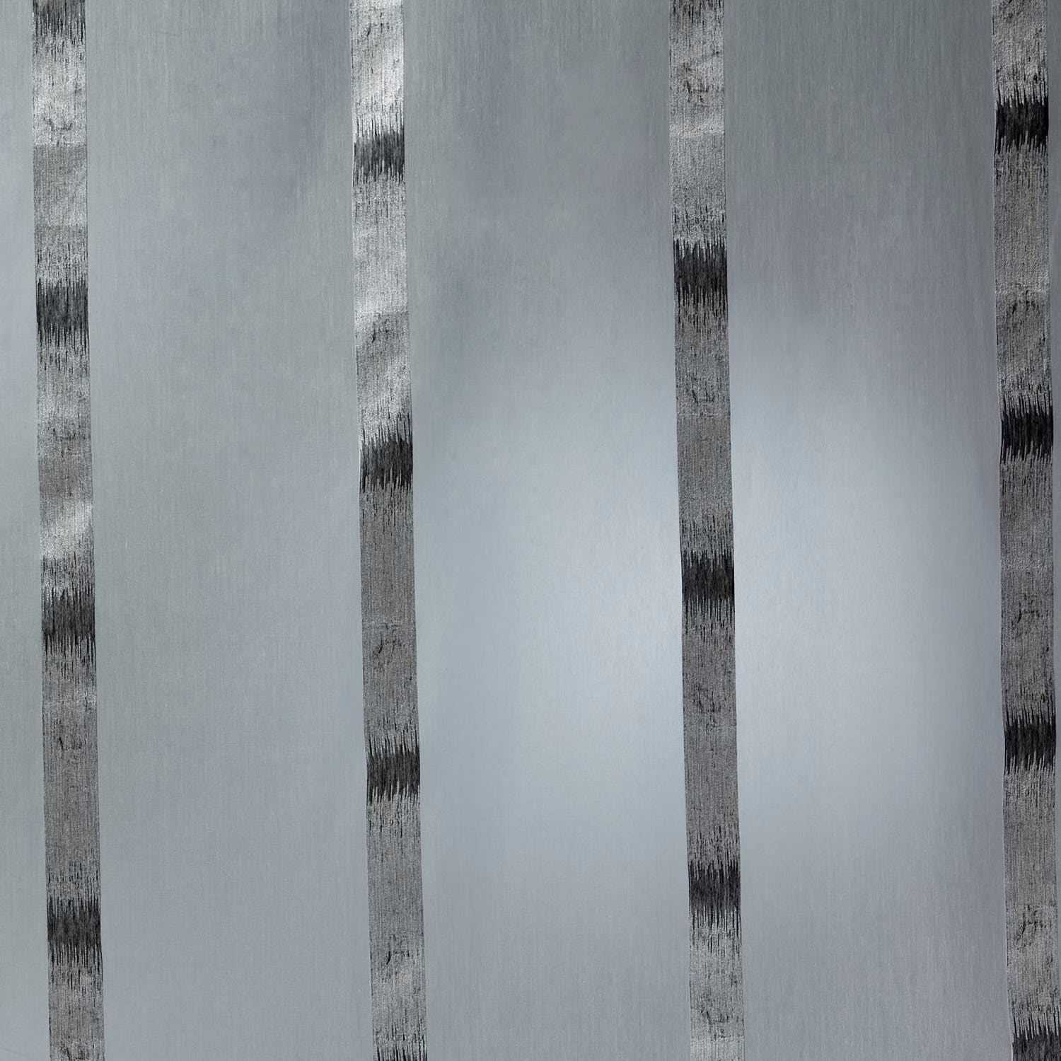Cool silver-grey sheer with irregular charcoal vertical brush-stripe bands