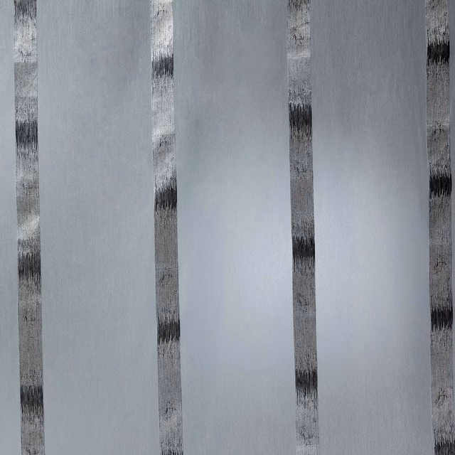 Cool silver-grey sheer with irregular charcoal vertical brush-stripe bands
