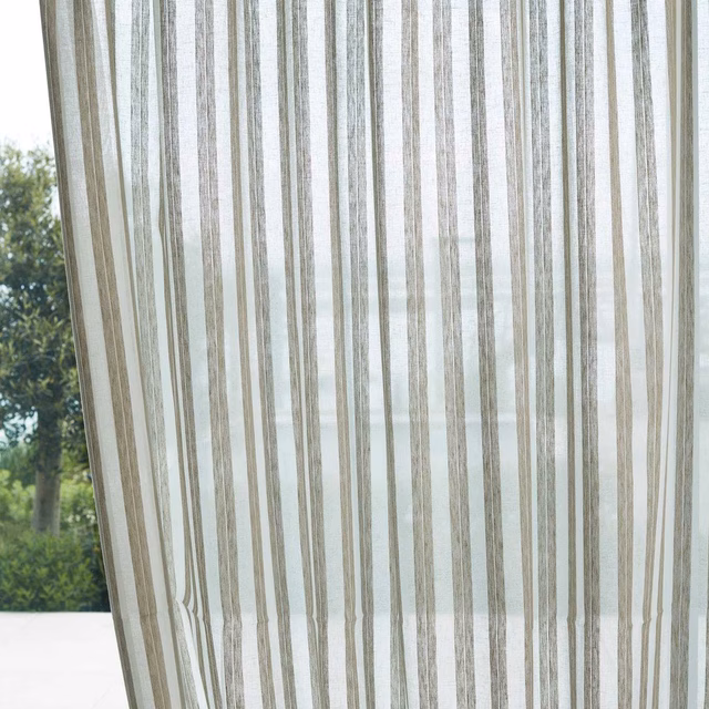 Translucent stone-taupe sheer with irregular vertical grey stripes lit by daylight