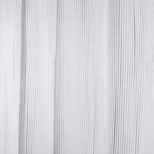 Pale stone sheer with fine uneven vertical grey stripes and a lightly translucent weave