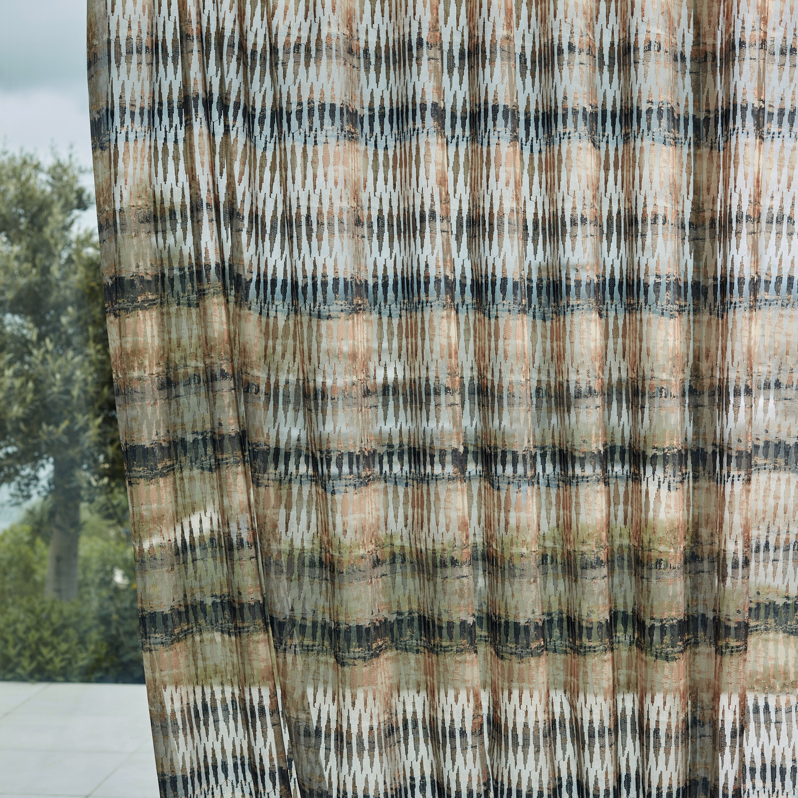 Copper and charcoal sheer with elongated pale dashes and broken horizontal bands