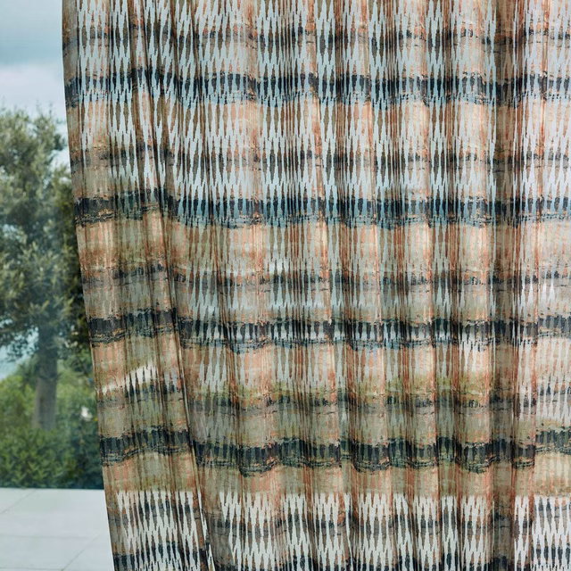 Copper and charcoal sheer with elongated pale dashes and broken horizontal bands