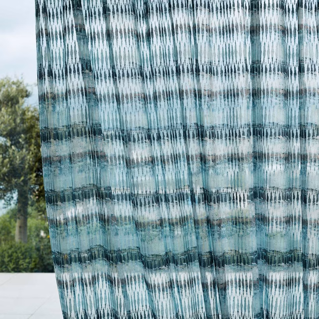 Sheer jade curtain with truffle-grey abstract bands and irregular vertical woven marks