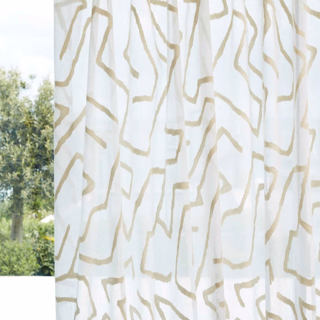Chalk sheer curtain with irregular parchment lines and visible translucent folds