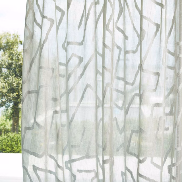 Chalk sheer curtain with irregular soft grey linear motifs and translucent fine weave