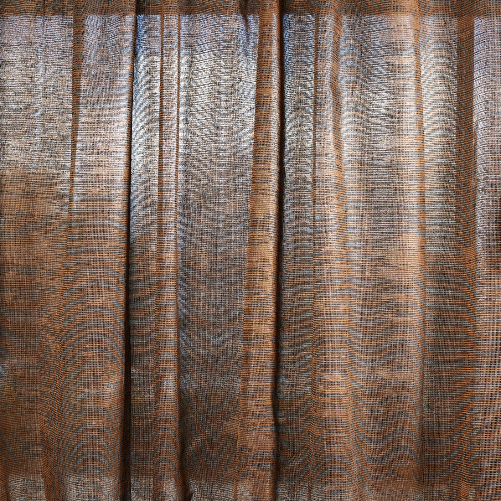 Translucent copper-brown sheer with fine horizontal lines and smoky vertical tonal bands