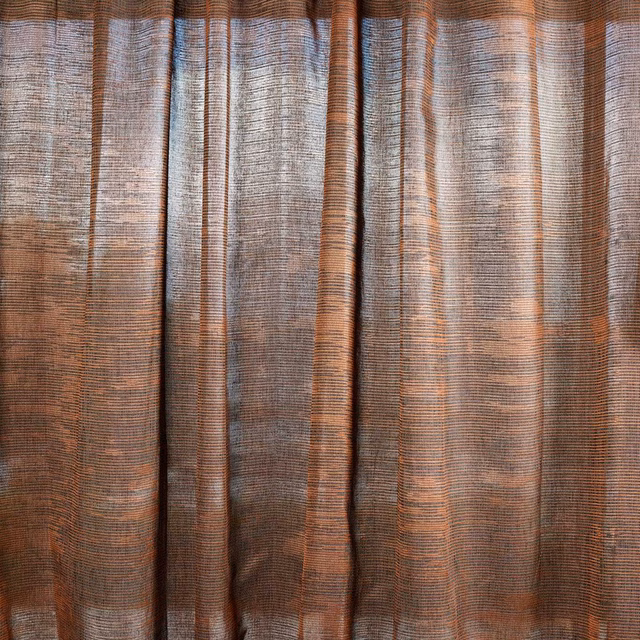 Translucent copper-brown sheer with fine horizontal lines and smoky vertical tonal bands