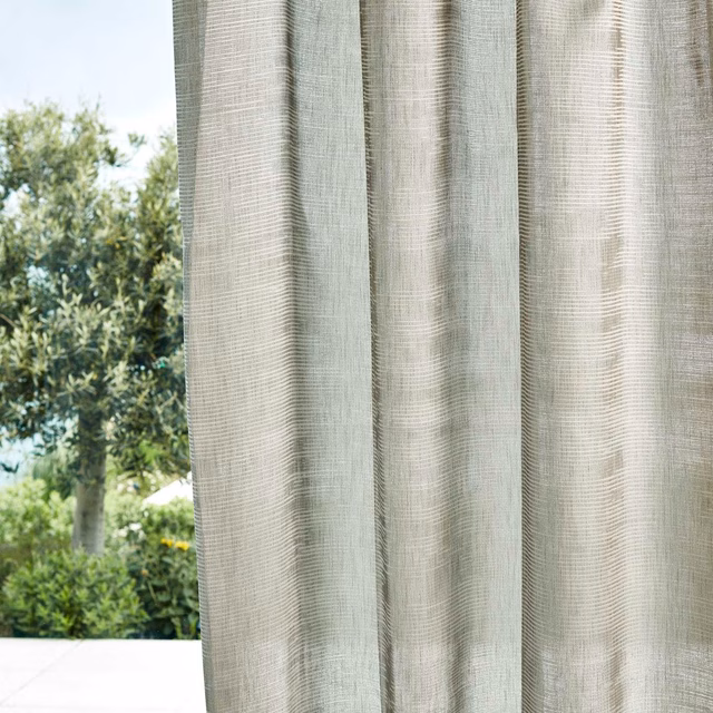 Cool silver-grey sheer curtain with fine horizontal and vertical woven texture