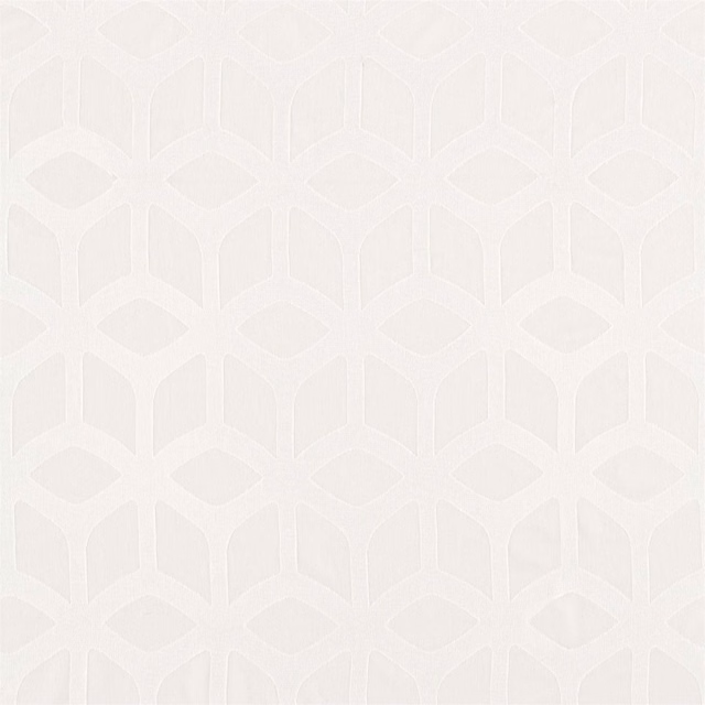 Chalk white sheer with subtle geometric trellis diamonds and arched motifs