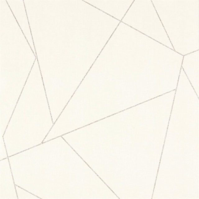 Pale dove-grey wallpaper with fine angular lines on an ivory ground
