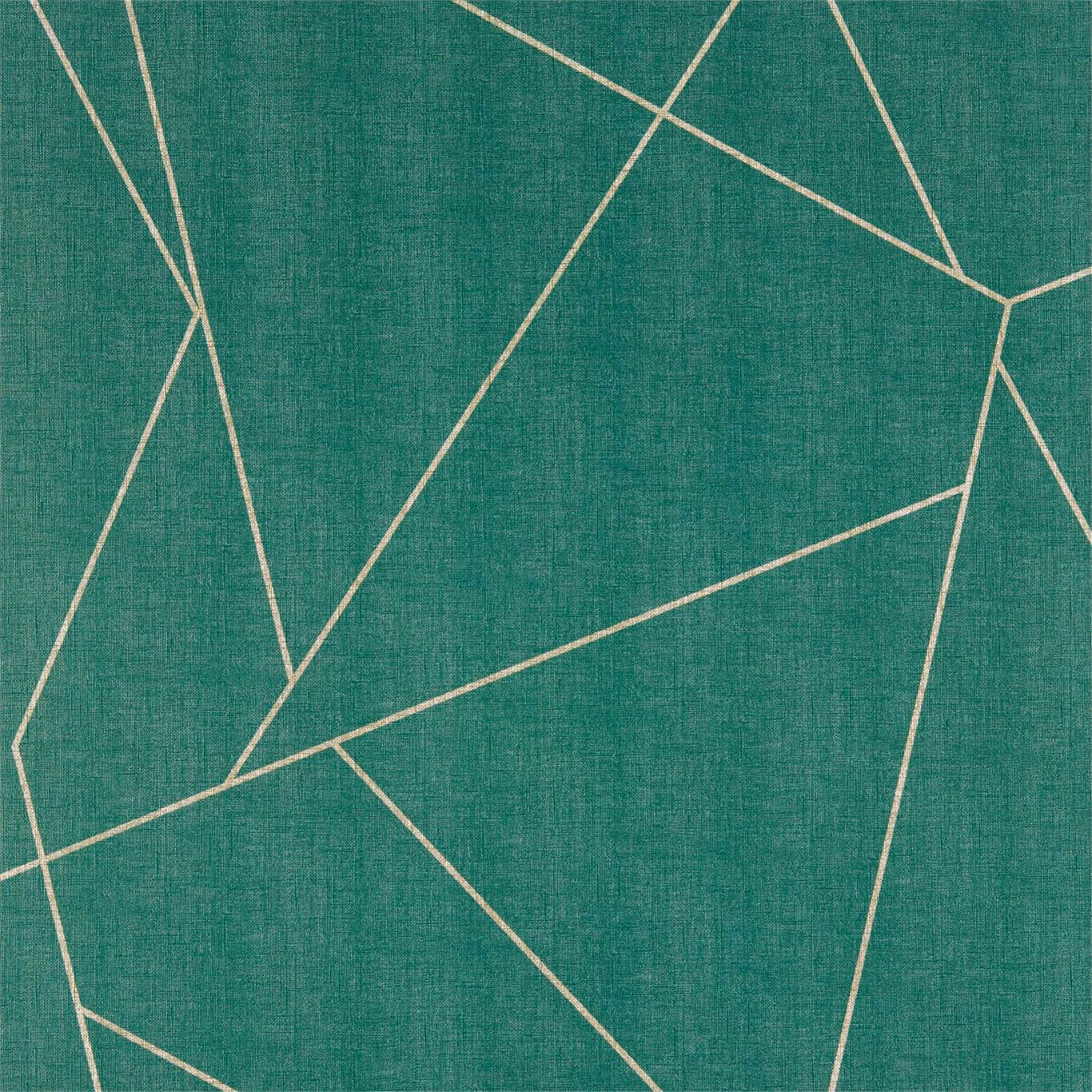 Emerald textured wallpaper with fine intersecting beige geometric lines