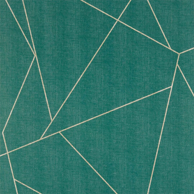 Emerald textured wallpaper with fine intersecting beige geometric lines