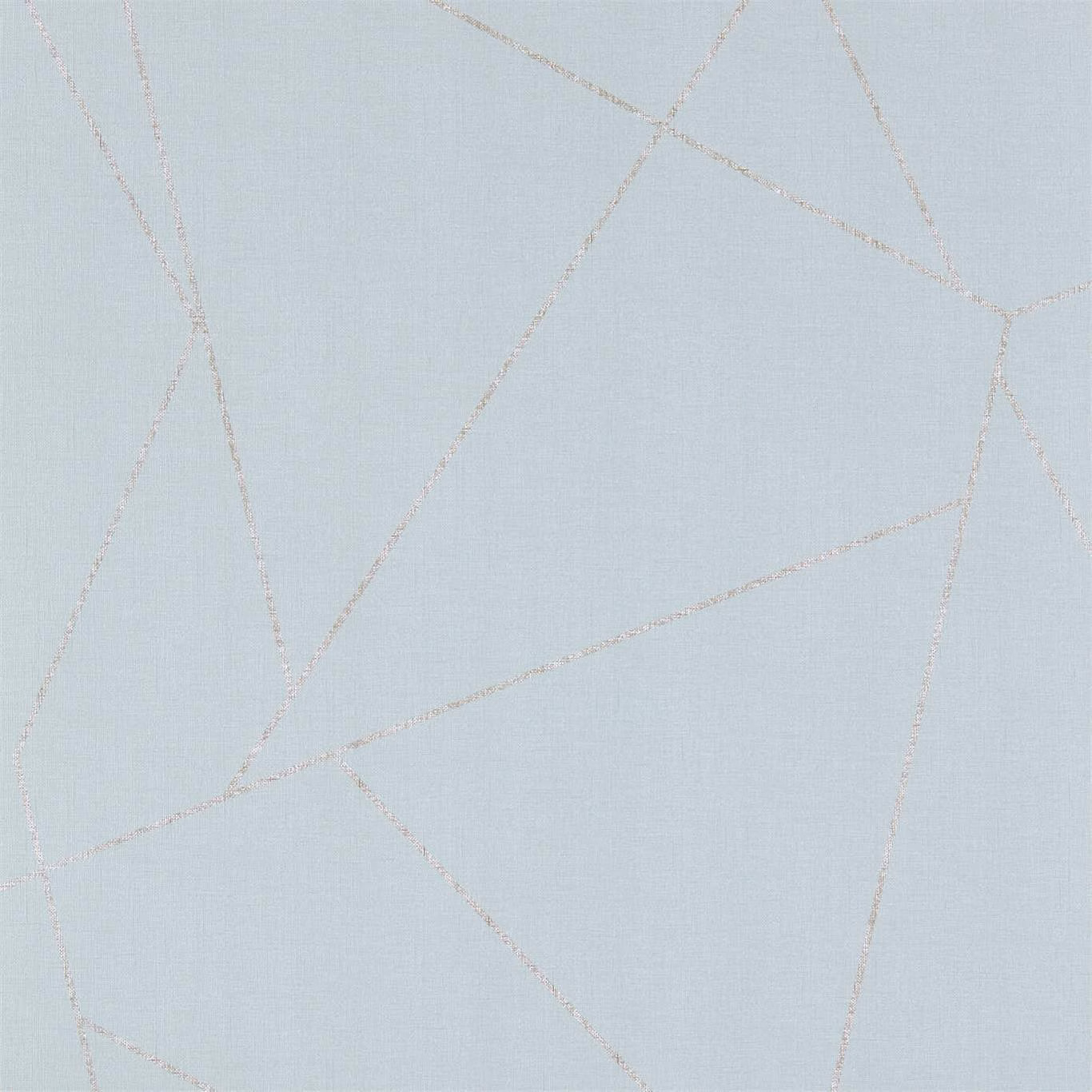 Pale blue-grey wallpaper with fine taupe angular lines and subtle woven texture