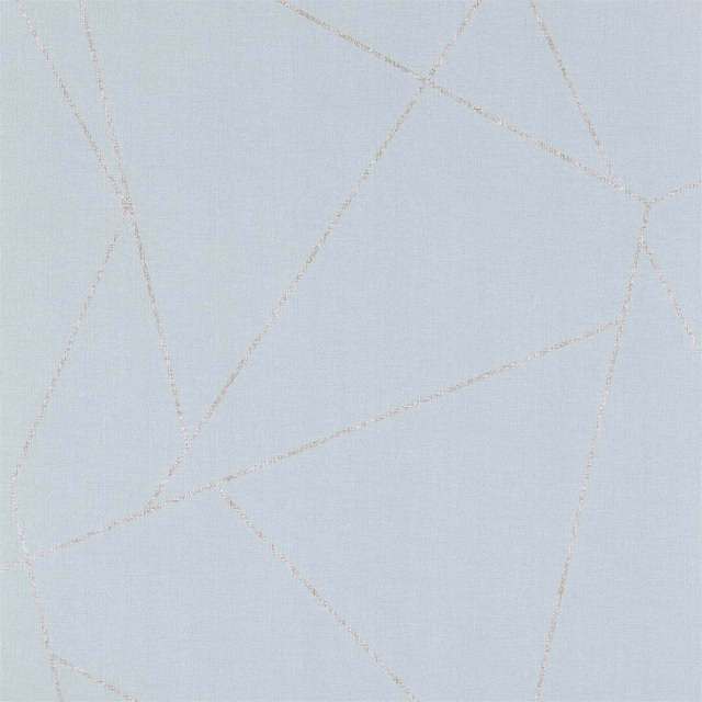 Pale blue-grey wallpaper with fine taupe angular lines and subtle woven texture
