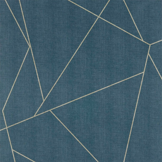 Blue-indigo wallpaper with angular cream lines and a finely textured ground