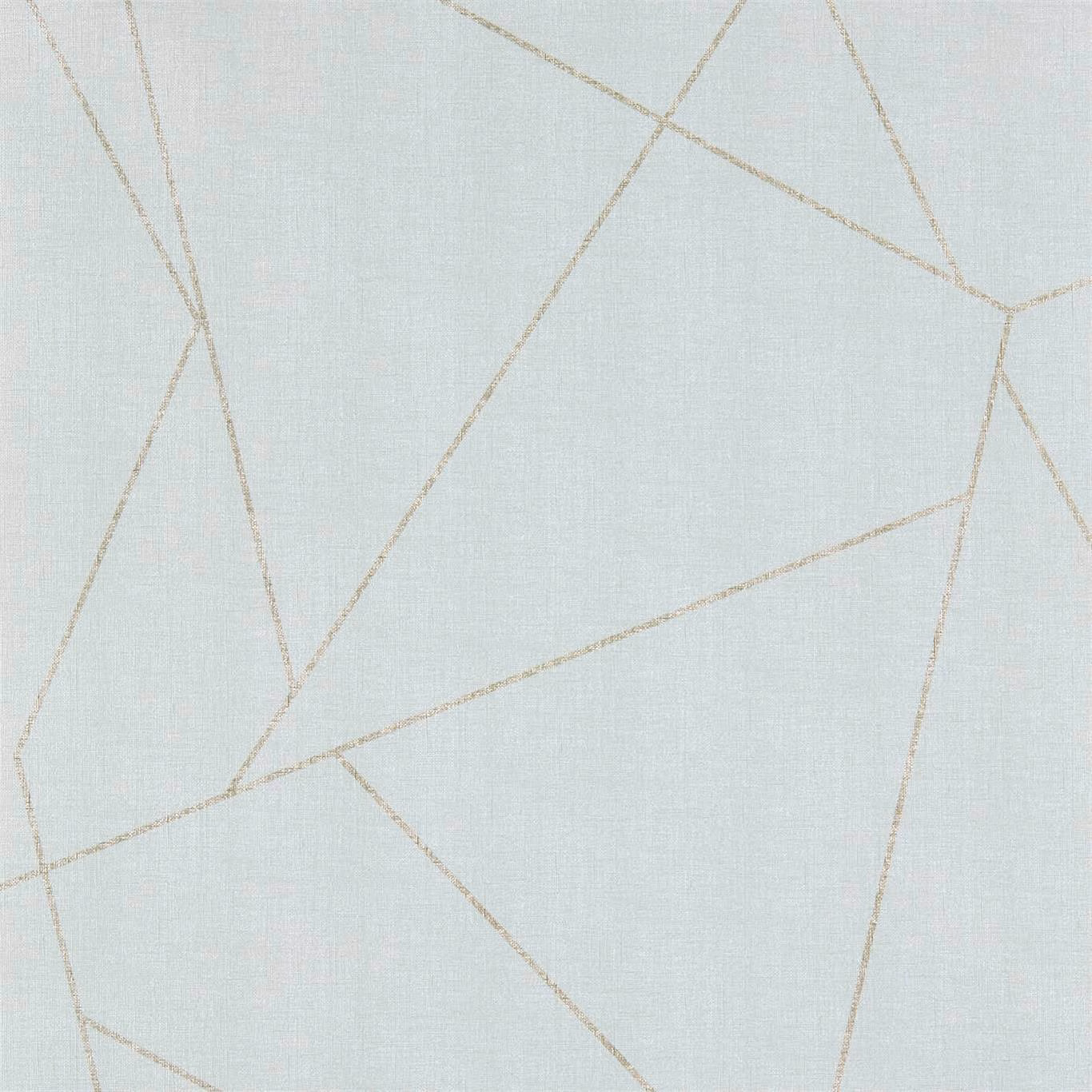 Pale blue-grey wallpaper with fine taupe angular lines over subtle crosshatch texture