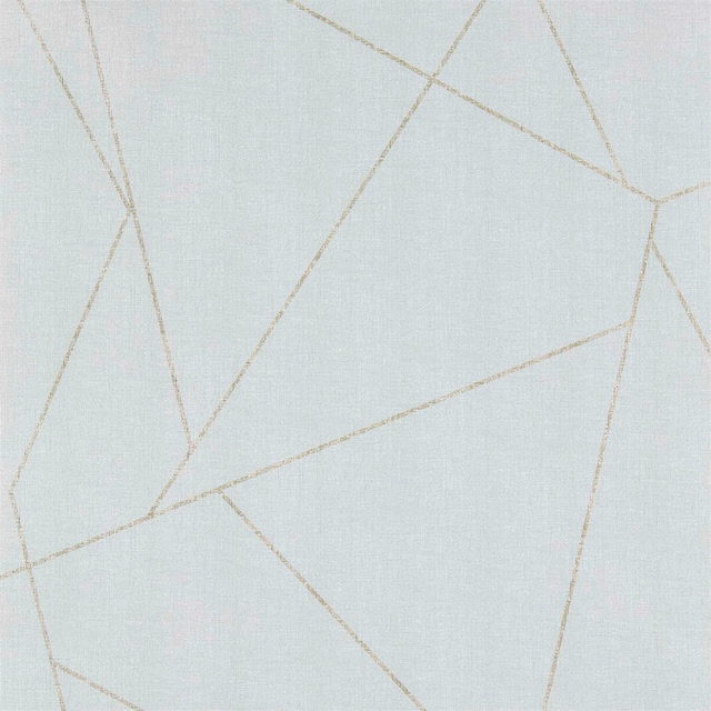 Pale blue-grey wallpaper with fine taupe angular lines over subtle crosshatch texture