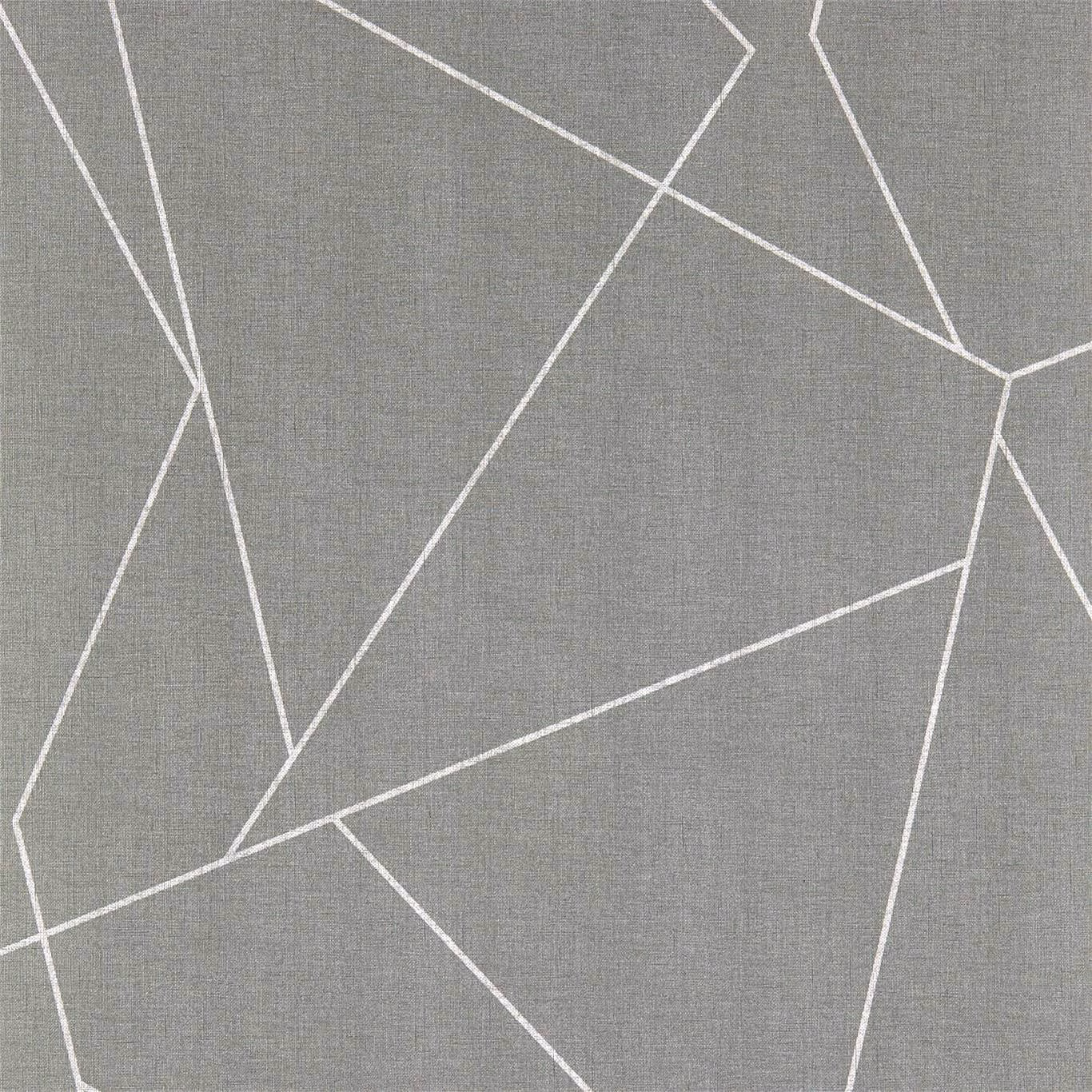 Cool slate-grey wallpaper with fine ivory angular lines and subtle woven texture