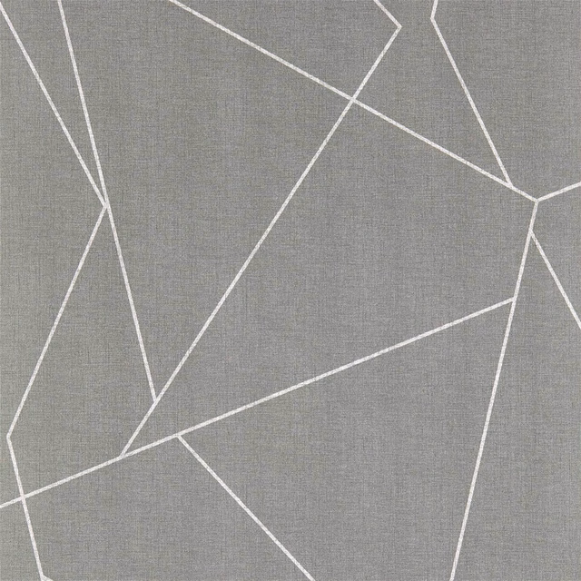 Cool slate-grey wallpaper with fine ivory angular lines and subtle woven texture