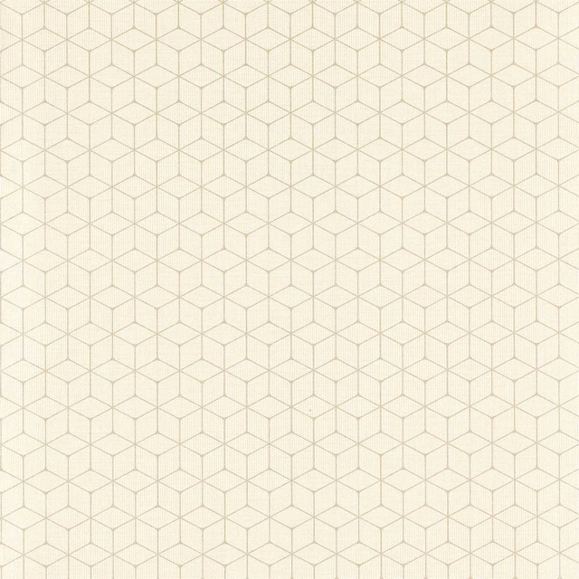 Warm sesame cream wallpaper with fine interlocking cube lattice in pale beige lines