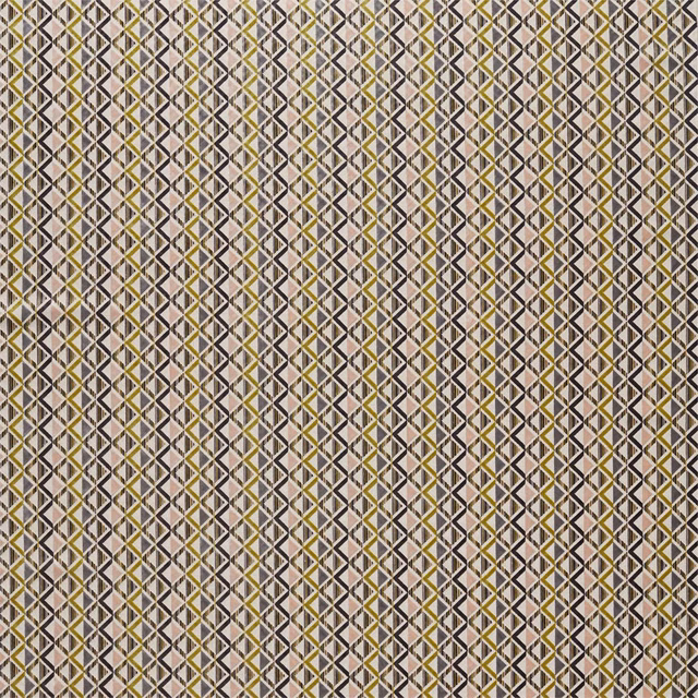 Citrus, rose and charcoal diamond trellis on a softly striated velvet ground