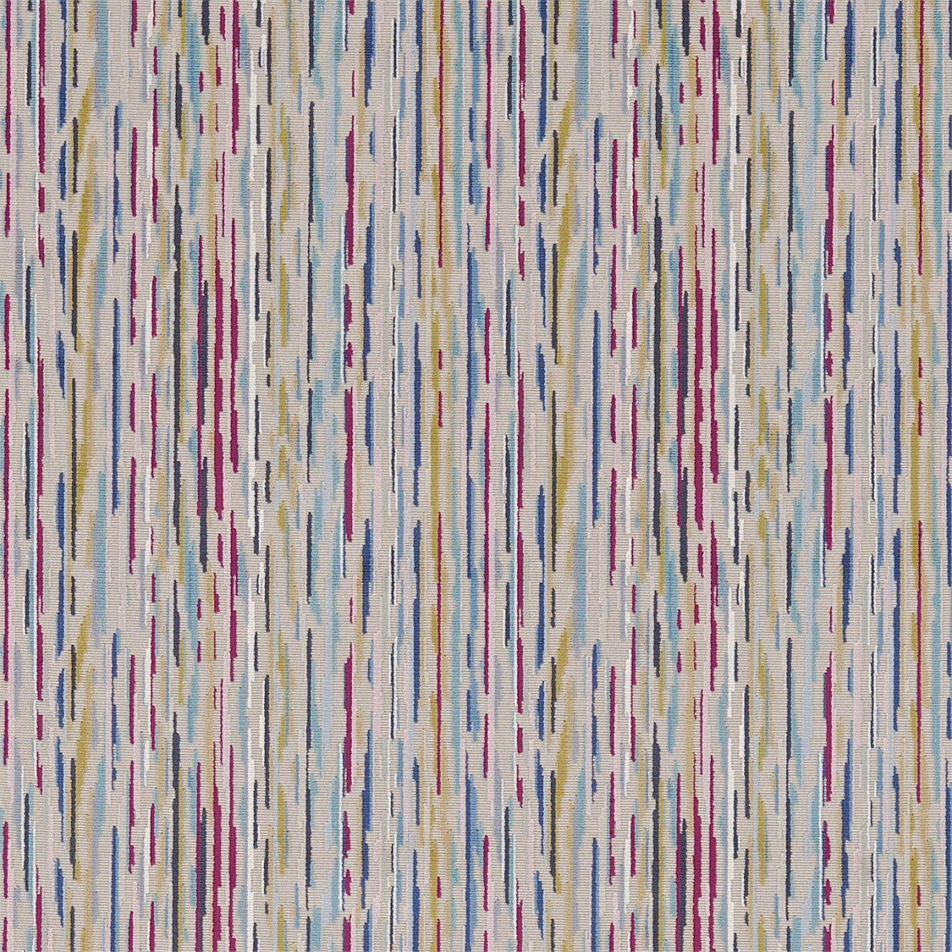 Cream woven ground with vertical aqua, magenta and blue broken dashes