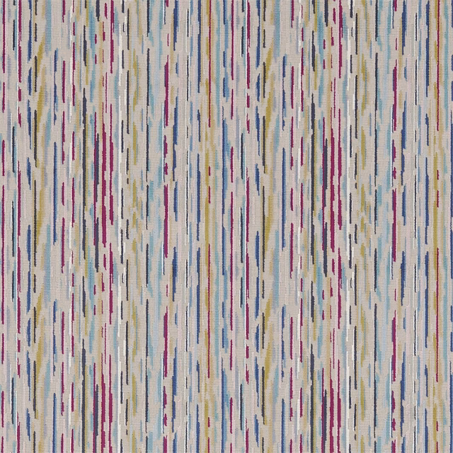 Cream woven ground with vertical aqua, magenta and blue broken dashes