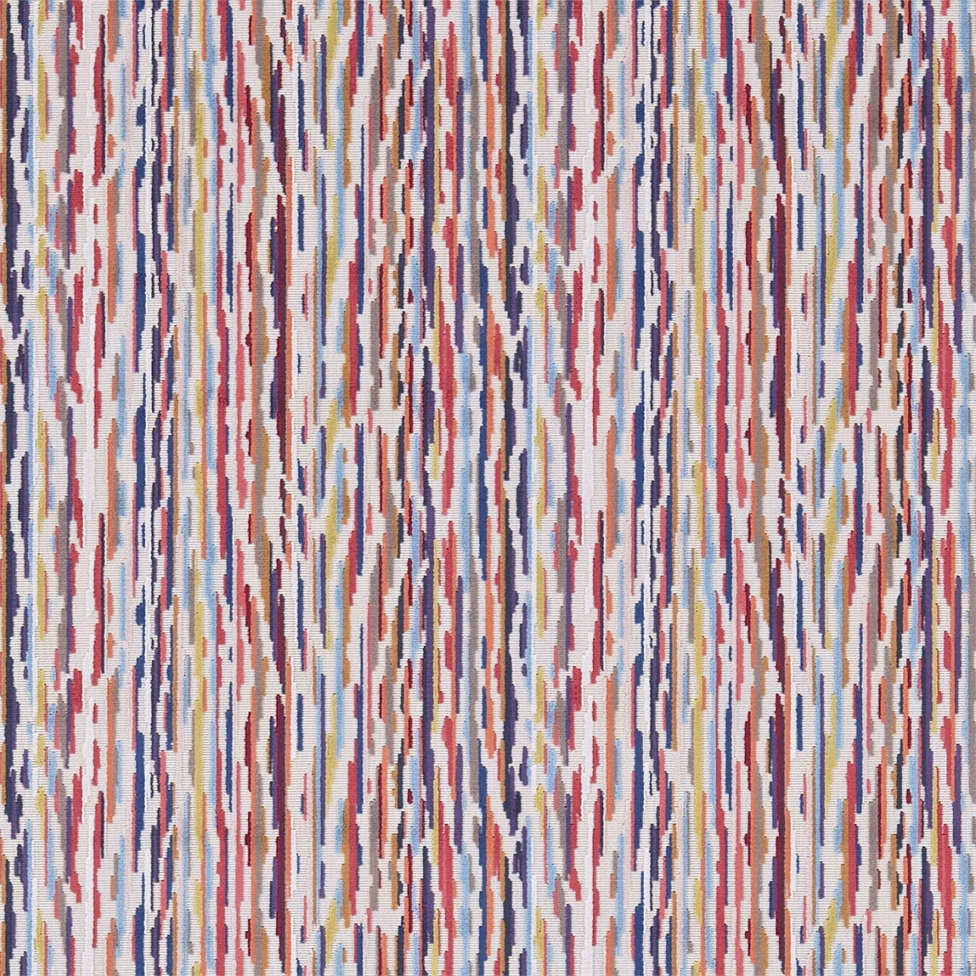 Ivory woven upholstery with broken cinnamon, indigo and mustard vertical marks