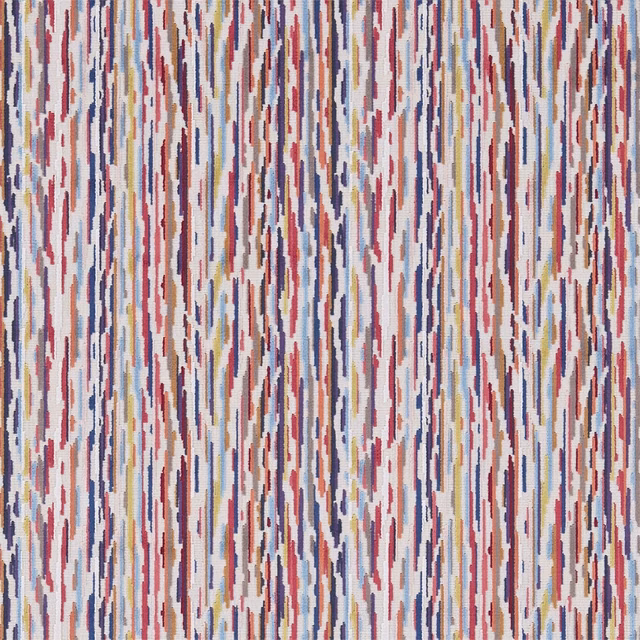 Ivory woven upholstery with broken cinnamon, indigo and mustard vertical marks