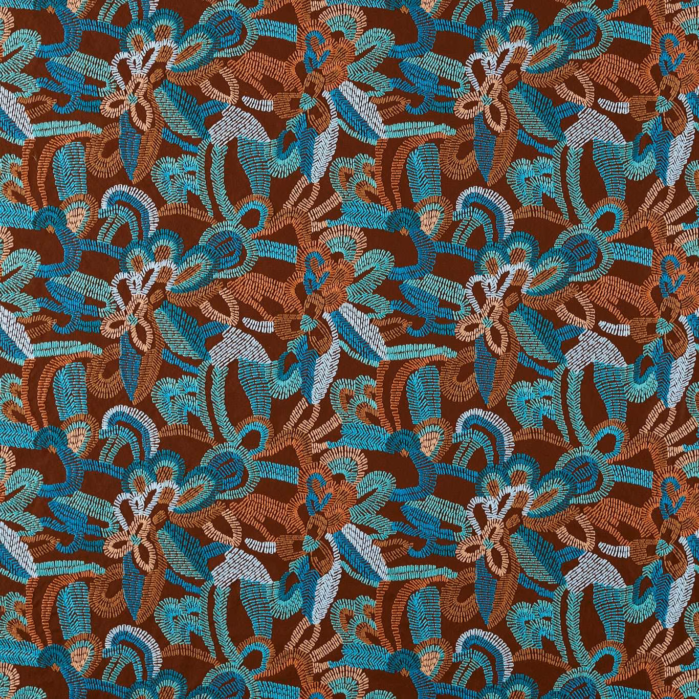 Burgundy-brown woven floral with turquoise curls, pale blue accents and spice highlights