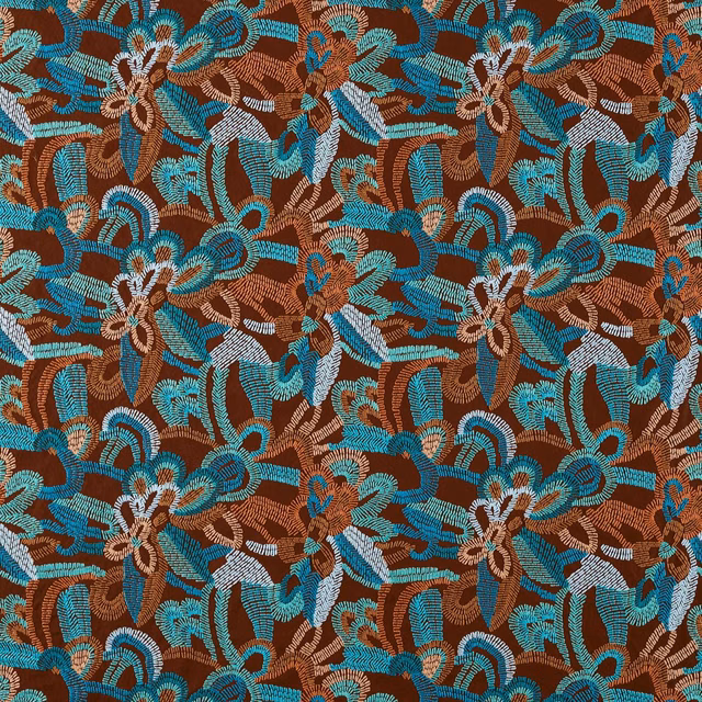 Burgundy-brown woven floral with turquoise curls, pale blue accents and spice highlights