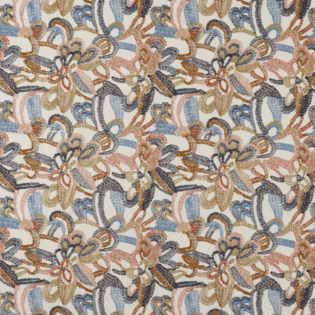 Cream woven fabric with denim, camel, blush and olive floral motifs