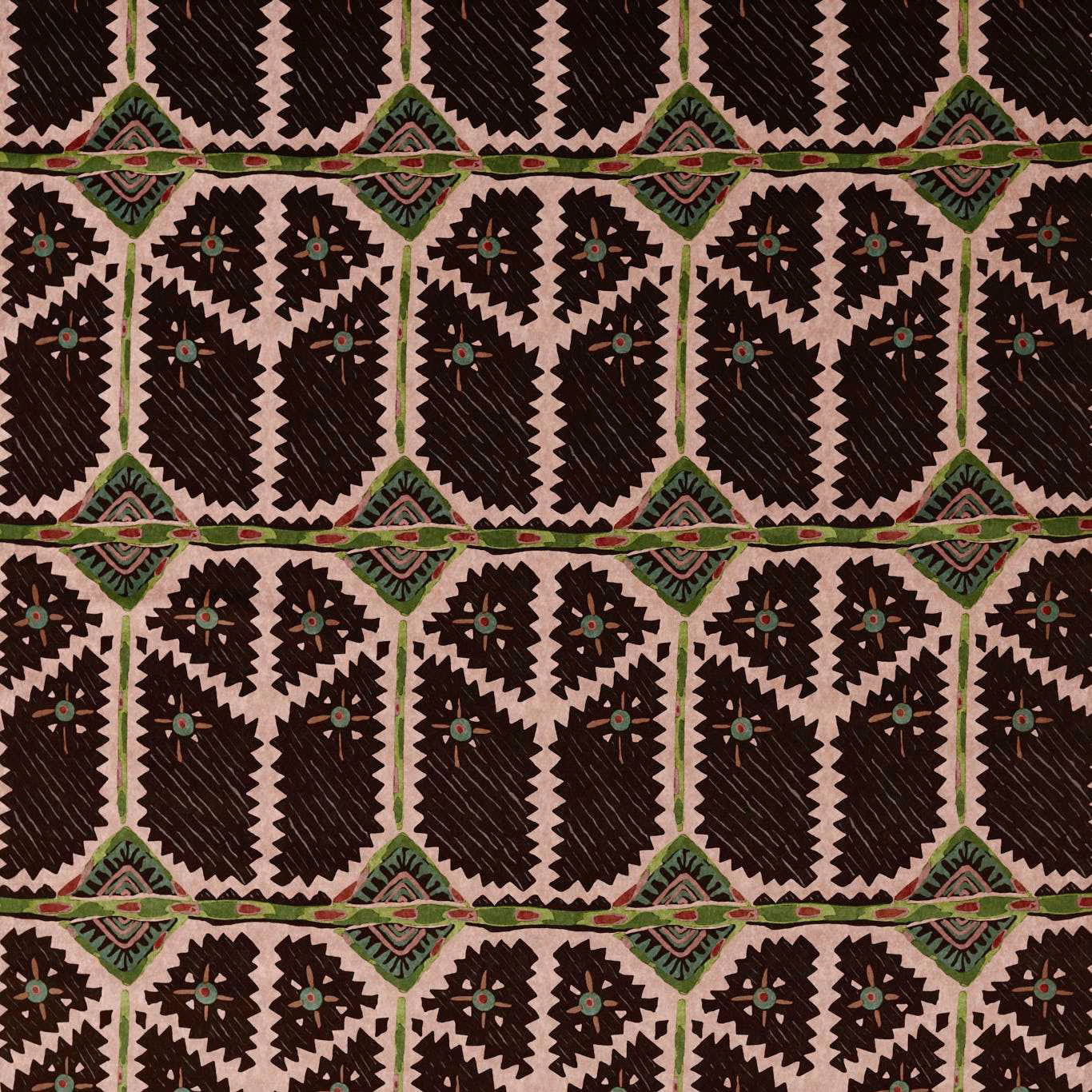 Blush pink ground with charcoal jagged motifs and green-red woven border bands