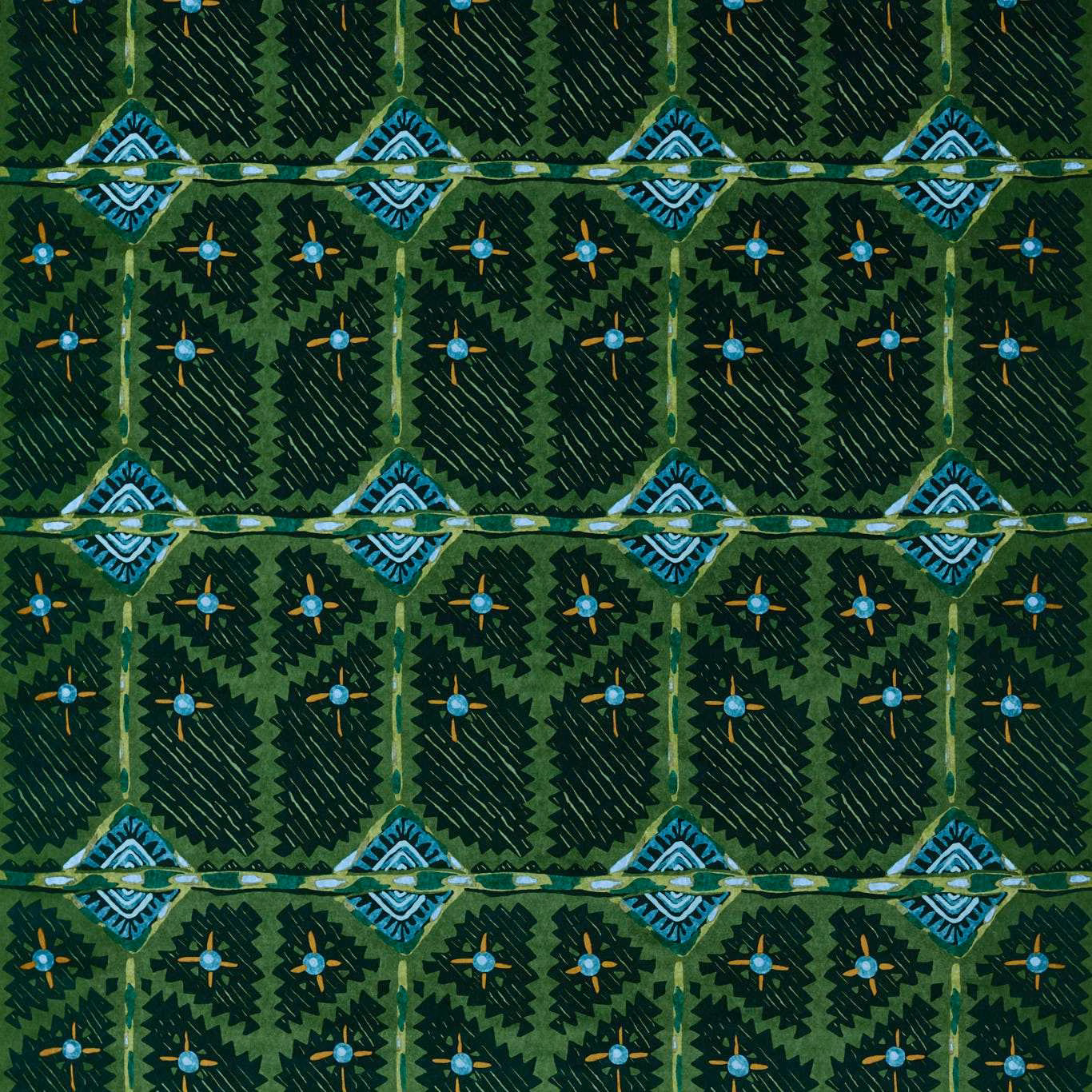 Forest green geometric leaf pattern with turquoise diamonds and small ochre-blue accents