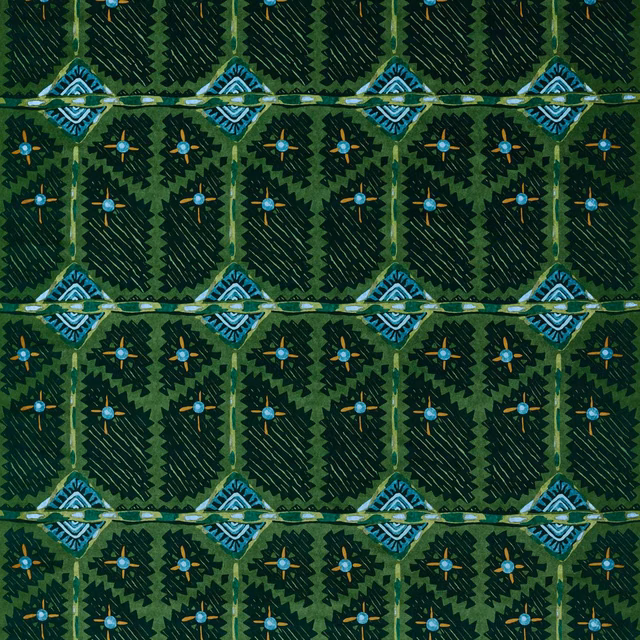 Forest green geometric leaf pattern with turquoise diamonds and small ochre-blue accents
