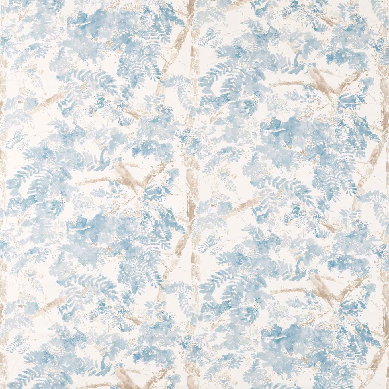 Pale powder-blue fern foliage and taupe branches on an ivory botanical fabric