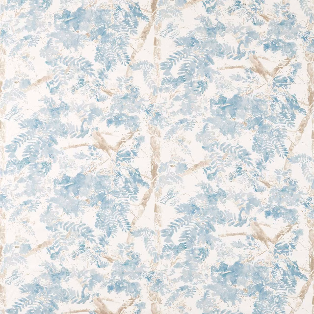 Pale powder-blue fern foliage and taupe branches on an ivory botanical fabric