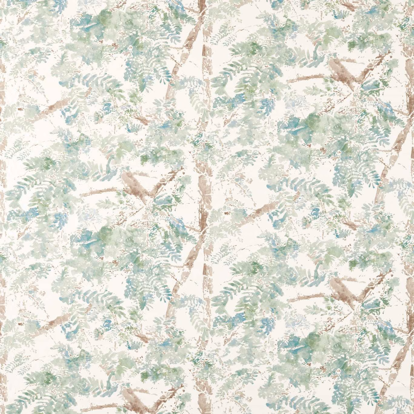 Pale sage botanical fabric with blue-green ferns and taupe branches on cream